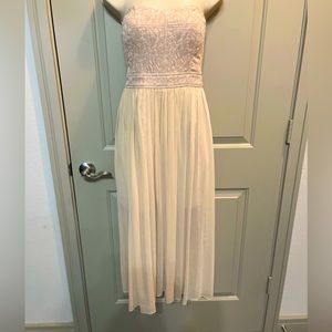 BCBGeneration - Beige strapless midi dress with slight sliver undertone